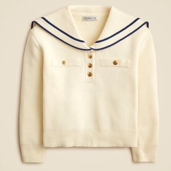 Crewcuts J.Crew Sailor Collar Sweater Girls XXL Ivory Navy Pullover Patch Pocket - Picture 1 of 7
